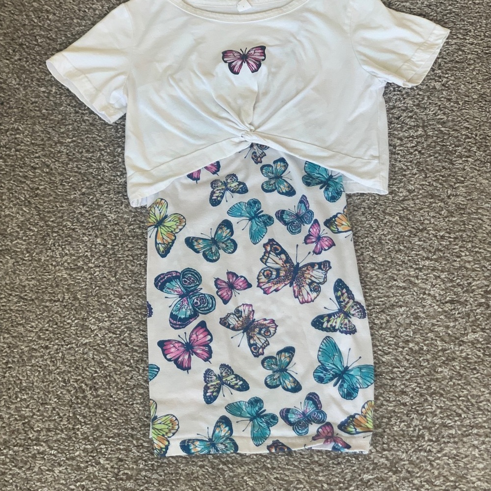 SHEIN Girls White and Multicolor Butterfly Kids Casual Dress